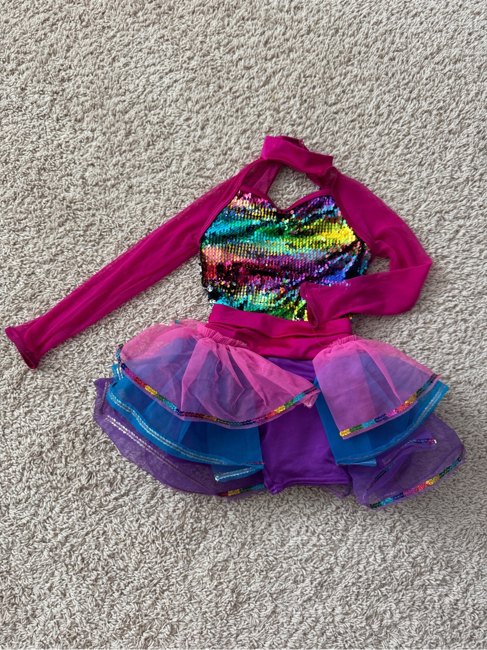 Weissman Fuchsia Long-Sleeve Dance Costume with Multicolor Sequin Bodice